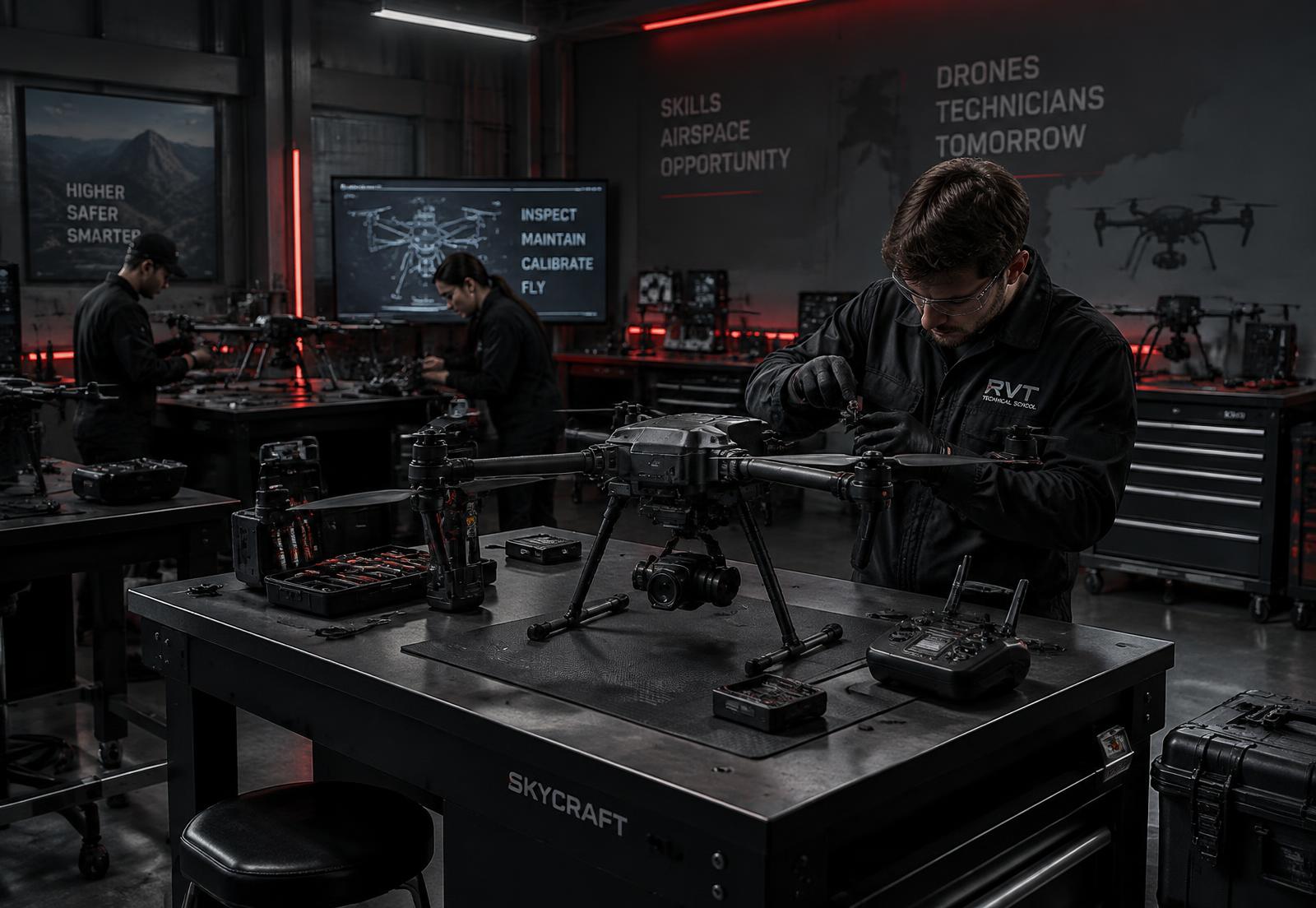 Equipe técnica Zero65 trabalhando em drones no laboratório
