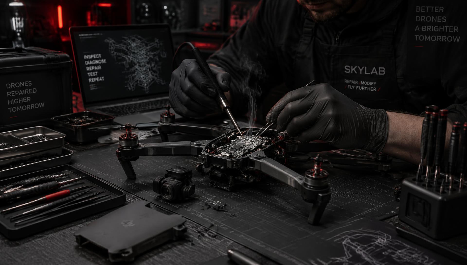 Bancada profissional de manutenção de drones com placa eletrônica e solda